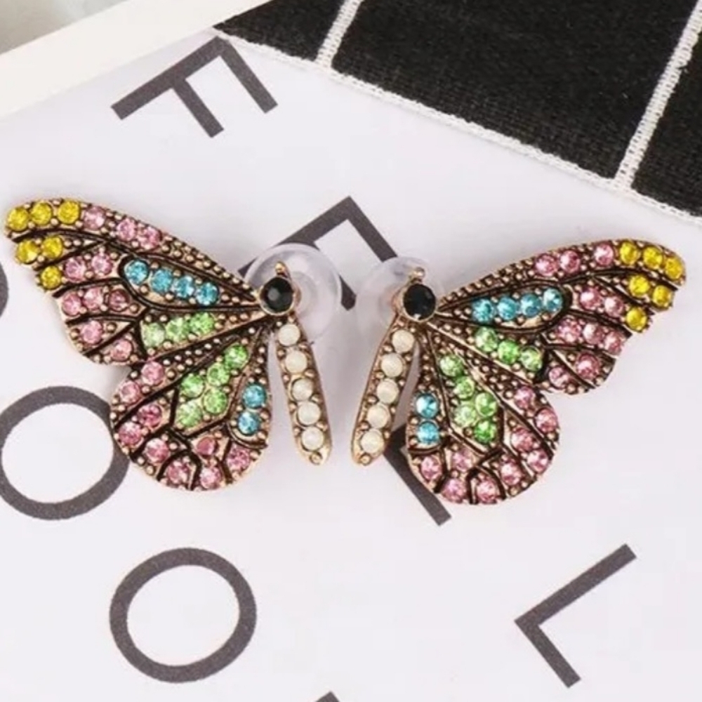 Butterfly Wings Rhinestone Stud Earrings Pastel Multi-color - Picture 10 of 17